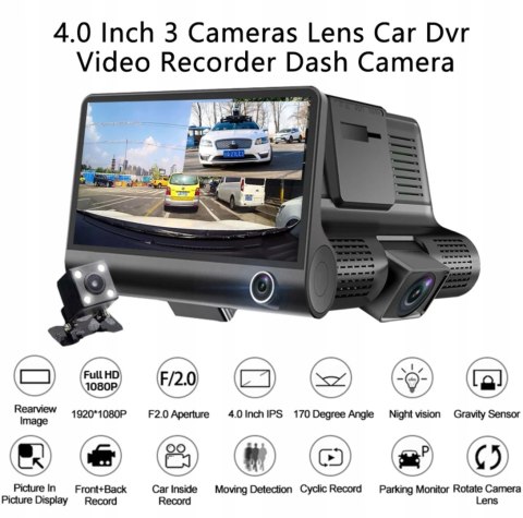 WIDEOREJESTRATOR KAMERA KAMERKA SAMOCHODOWA 3 w 1 PRZÓD TYŁ WNĘTRZE 1080P WIDEOREJESTRATOR KAMERA KAMERKA SAMOCHODOWA 3 w 1 PRZÓD TYŁ WNĘTRZE 1080P